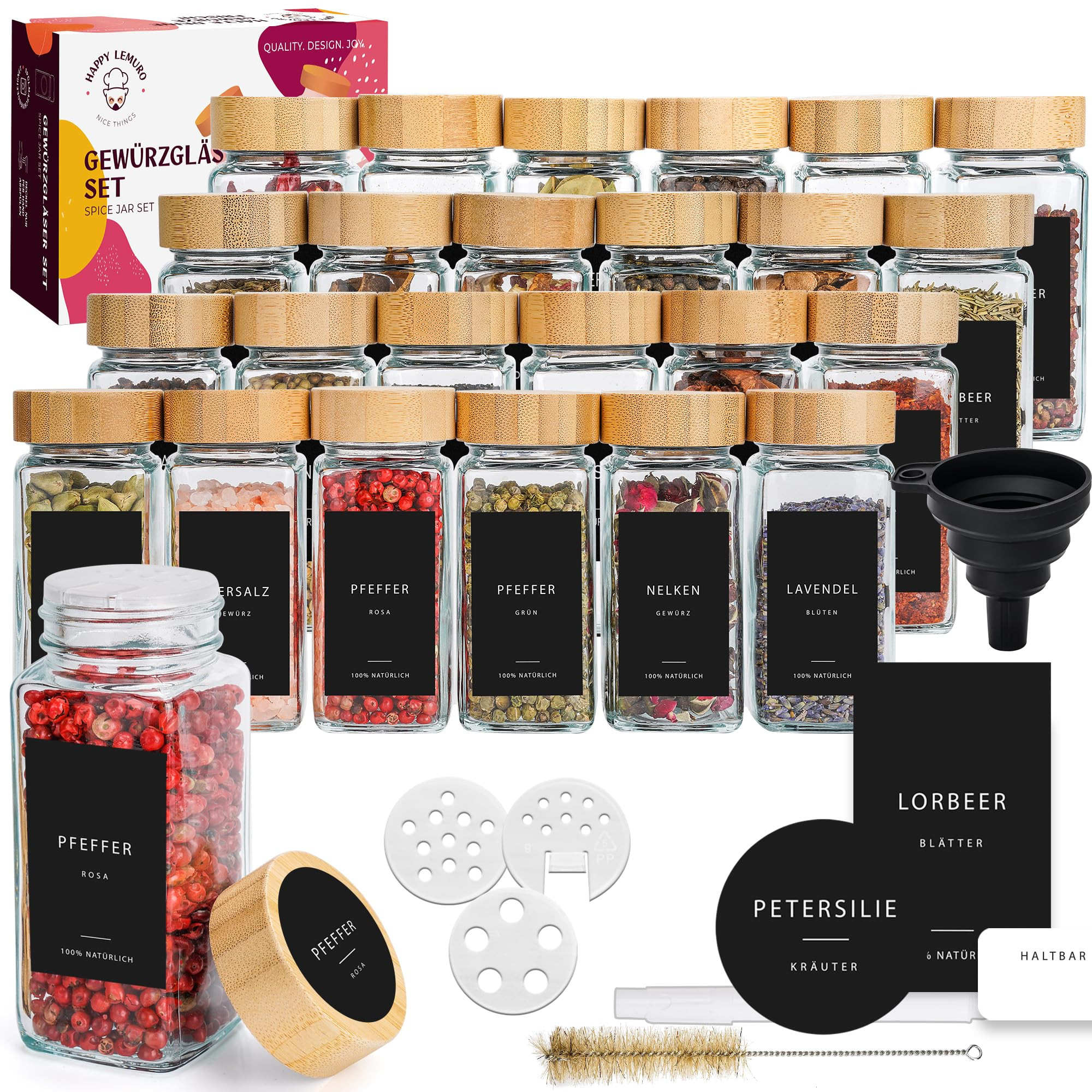 Happy Lemuro Gewürzgläser mit Streueinsatz [24 x 120 ml] 303 Etiketten auf Deutsch | Gewürzbeh... | Amazon (DE)
