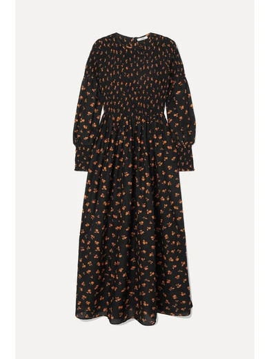 GANNI - Beacon Shirred Floral-print Cotton And Silk-blend Maxi Dress - Black | NET-A-PORTER (US)