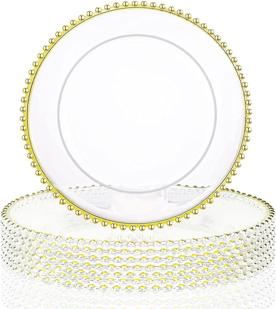 NDSWKR 8 Pack Clear Charger Plates with Beaded Gold Rim, 13 Inch Acrylic Round Charger Plates, Pl... | Amazon (US)