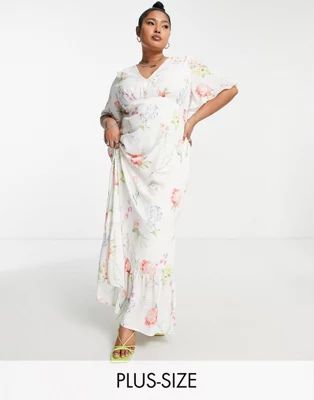 Twisted Wunder Plus flutter sleeve maxi tea dress in botanical floral | ASOS (Global)