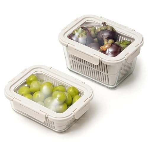 GENICOOK Glass Produce Storage Containers for Fridge, 2-Pack – Airtight Fruit & Vegetable Containers with Removable Colanders, Flexible Silicone Lids,LeakProof, BPA-Free Borosilicate Glass | Amazon (US)