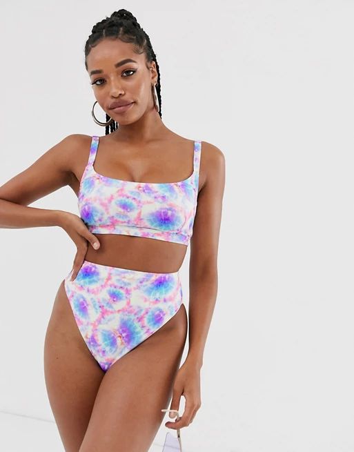 ASOS DESIGN fuller bust mix and match strappy back V front crop bikini top in neon tie dye dd-g | ASOS (Global)