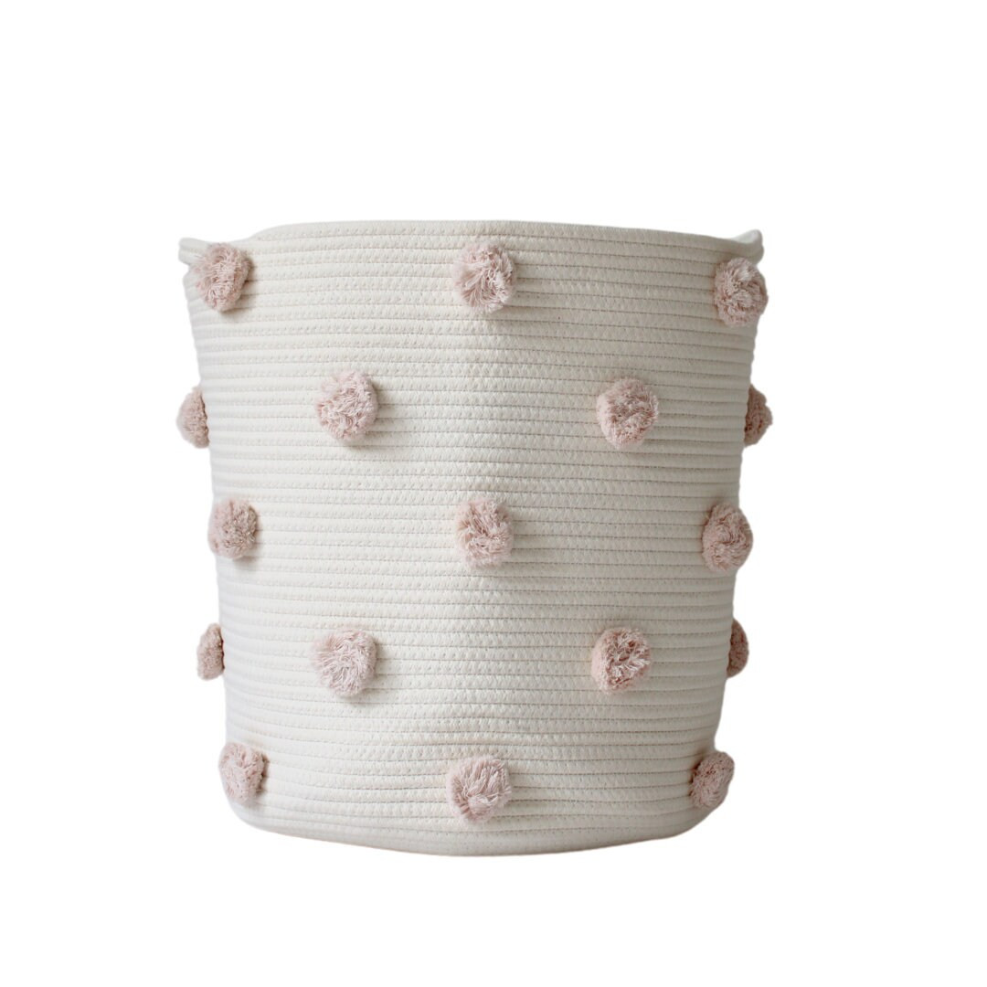 Laundry Hamper, Blush Pom Pom Laundry Basket Nursery Hamper, Laundry Storage, Cotton Rope Basket,... | Etsy (US)