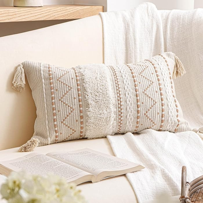 BlissBlush 12x20 Lumbar Pillow Cover, Cream Neutral Beige Rectangular Decorative Cushion Cover, B... | Amazon (US)
