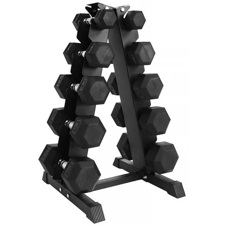 BalanceFrom 150LB Rubber Coated Hex Dumbbell Weight Set with A-Frame Rack, 5-25 lbs Pairs | Walmart (US)