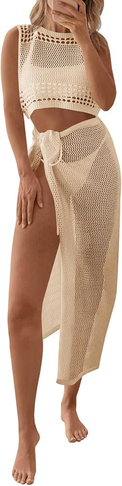 Fisoew Womens Crochet Swim Cover Ups 2 Piece Sleeveless Crop Tops Beach Wrap Skirt Hollow Out Boh... | Amazon (US)