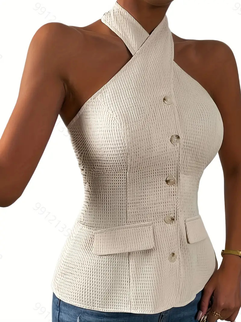 Solid Single Breasted Halter Neck Top Elegant Backless - Temu | Temu Affiliate Program