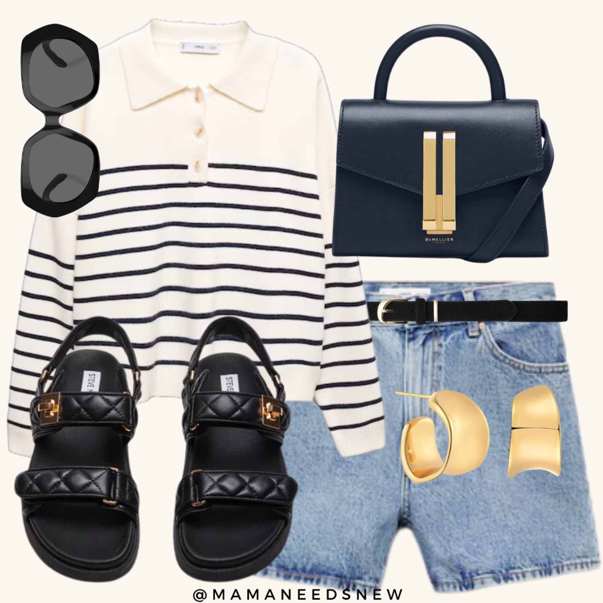 A summer outfit featuring a collared sweater with navy stripes, denim shorts, quilted sandals and this navy bag which is currently on sale 💙

#LTKSaleAlert #LTKSummerSales #LTKItBag
