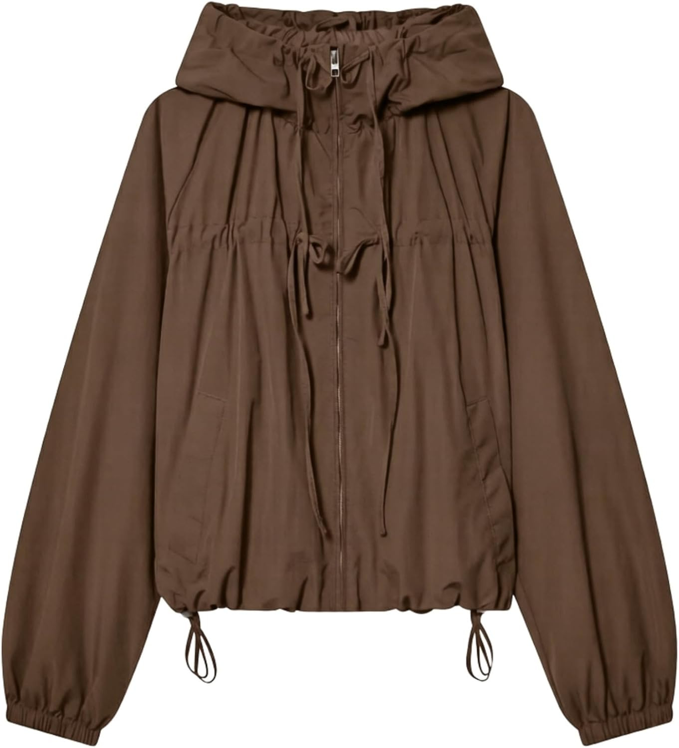 Xunger Women's Gathered Hooded Jacket Casual Loose Fit Bow Detail Coat Drawstring Hem Long Sleeve Outerwear with Pockets | Amazon (US)
