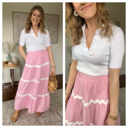 Rickrack trim maxi skirt size small, fun for spring events or vacation outfits! 💕 I sized up to a medium in the top, and it’s kind of gaping at the chest but I think a small might be too tight. 🤷‍♀️ amazonfashion founditonamazon budgetstyle

#LTKfindsunder100 #LTKfindsunder50