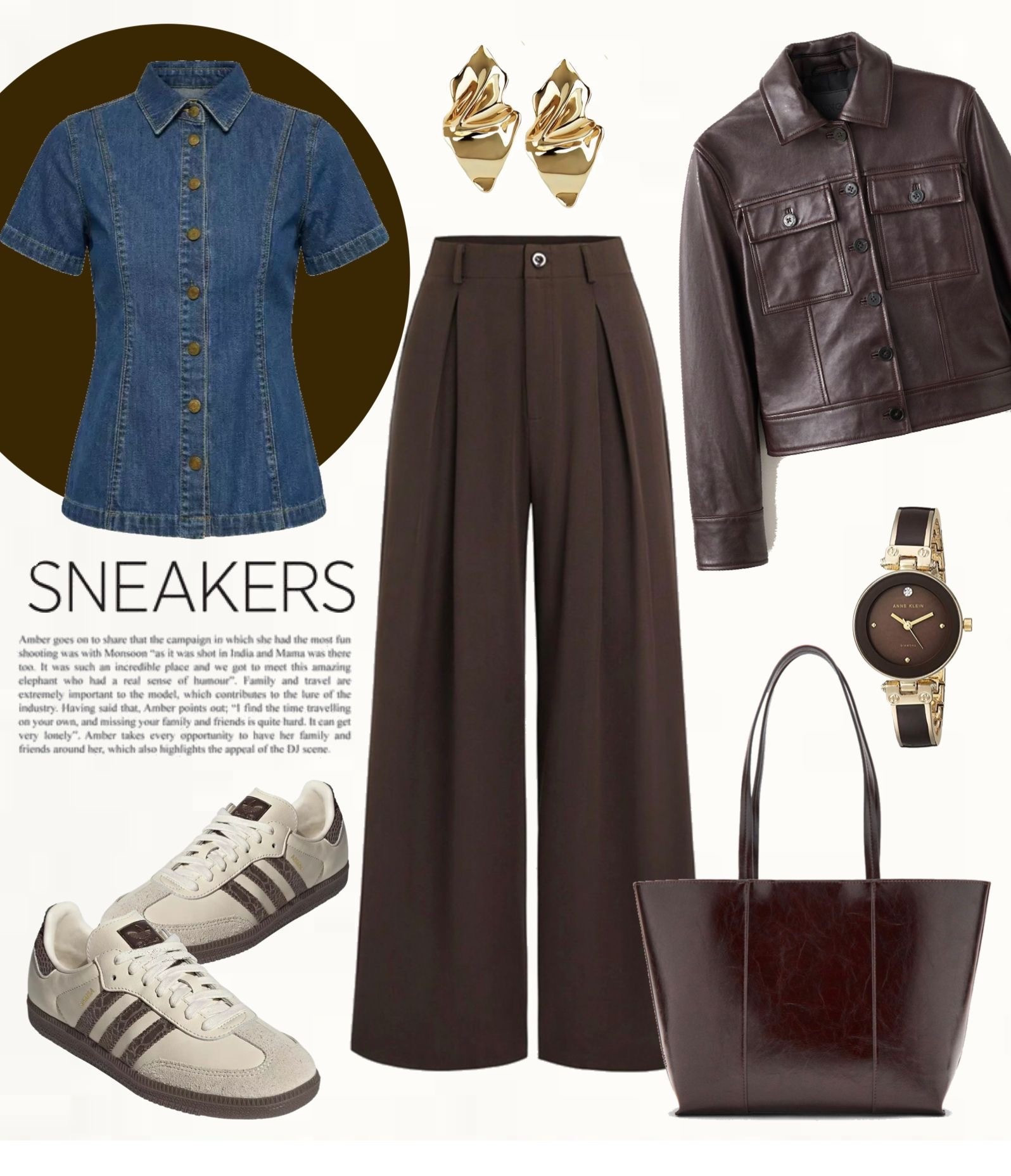 Denim short-sleeve button-up top in mid-blue paired with high-waisted wide-leg trousers in deep chocolate brown. Styled with Adidas sneakers in off-white with brown stripes, a cropped brown leather jacket, gold statement earrings, a brown leather tote bag, and a brown watch with gold details for a polished, effortless look.

#ltkstyle #casualchic #springoutfit

#LTKootd #LTKOver40 #LTKSeasonal