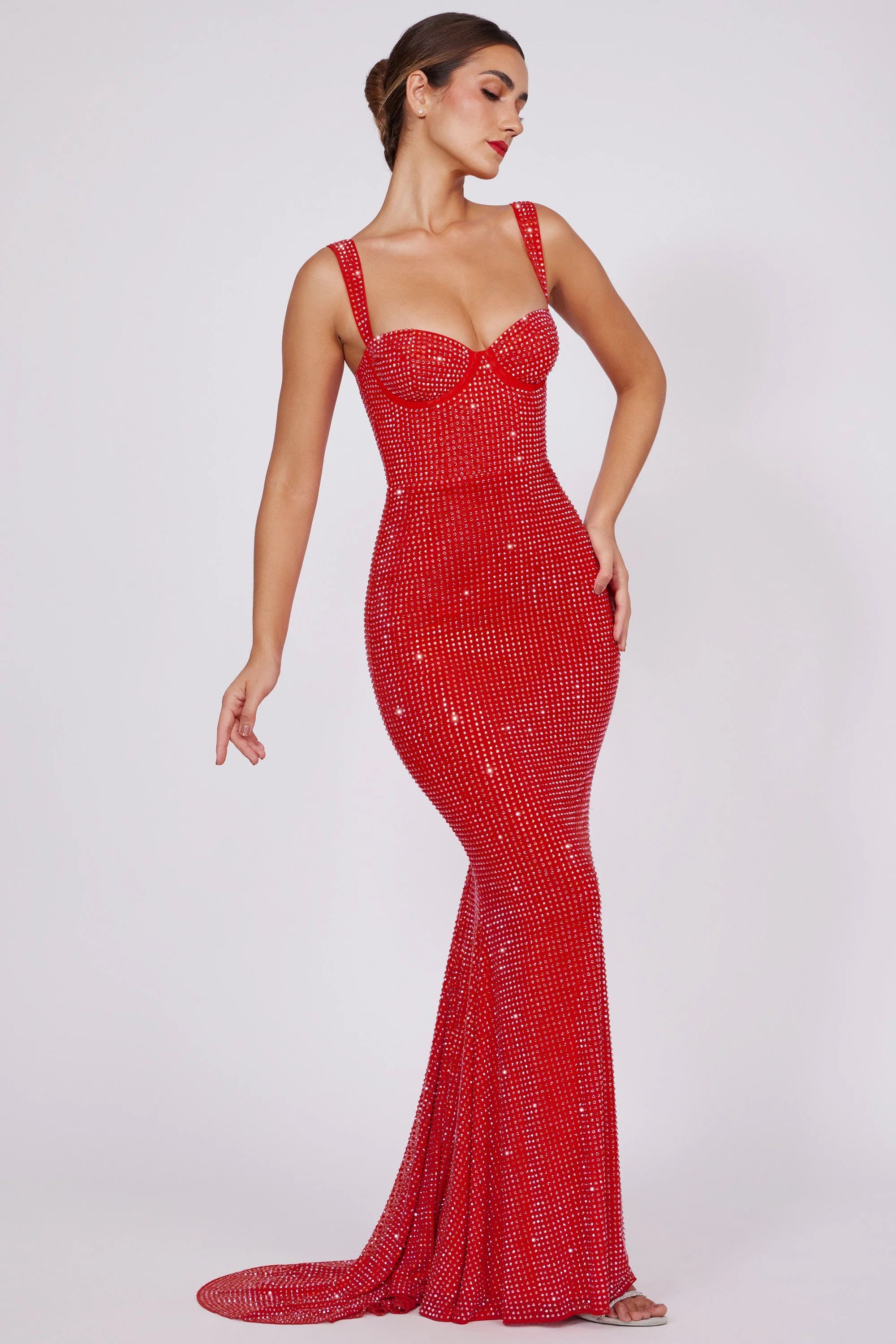 Embellished Corset Fishtail Evening Gown in Fire Red | Oh Polly