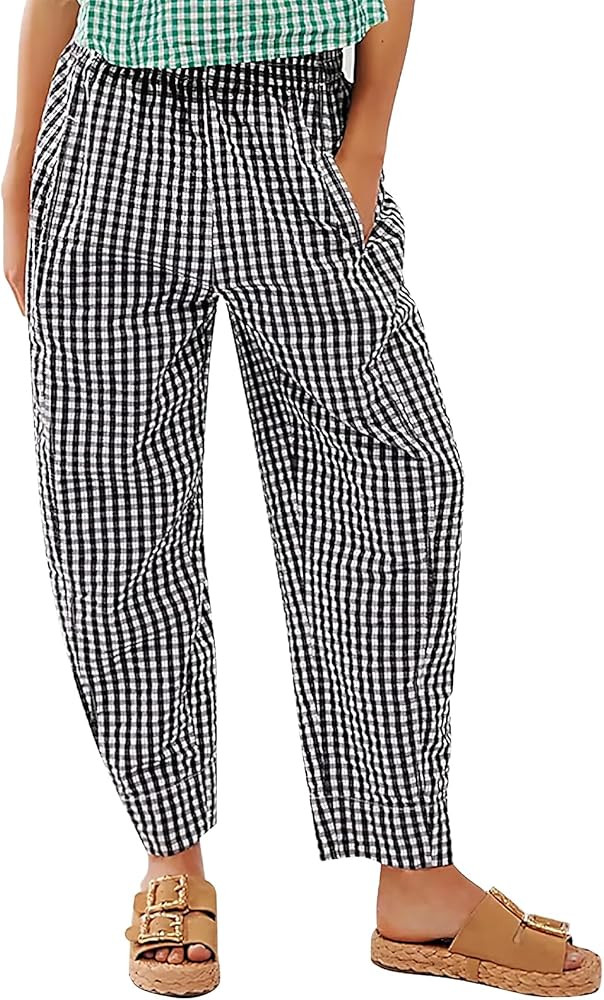 PEHMEA Cotton Gingham Boxer Pants for Women Casual Plaid Harem Trousers Y2K Beach Lounge Bottoms ... | Amazon (US)