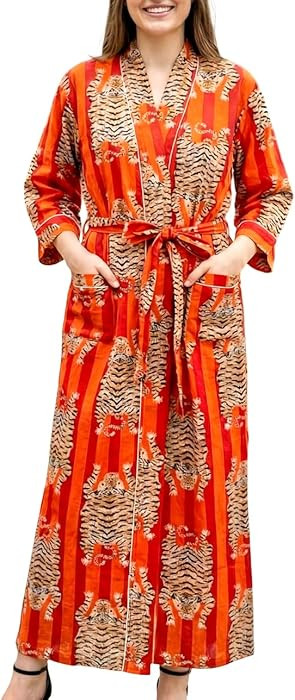 SARJANA Women's Cotton Printed Kimono Cardigan Tie Front Robe Swimwear Bathing Suit Cover Ups FRE... | Amazon (US)