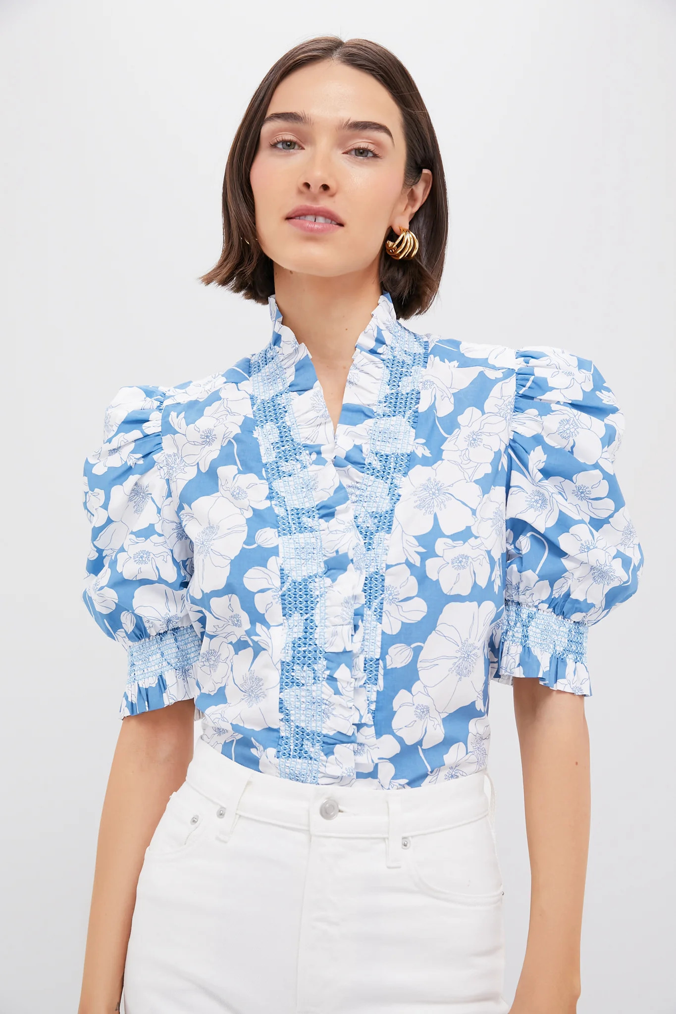 Blue Floral Ruffle Neck Aria Blouse | Tuckernuck (US)