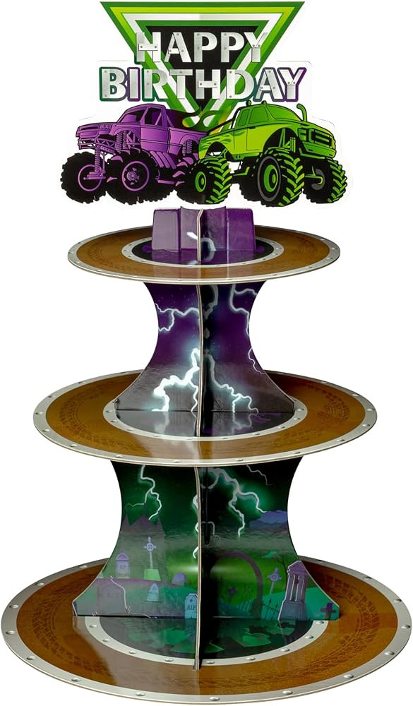 Haooryx Green and Purple Monster Truck Cupcake Stand, 3 Tier Monster Truck Cupcake Tower Cardboar... | Amazon (US)