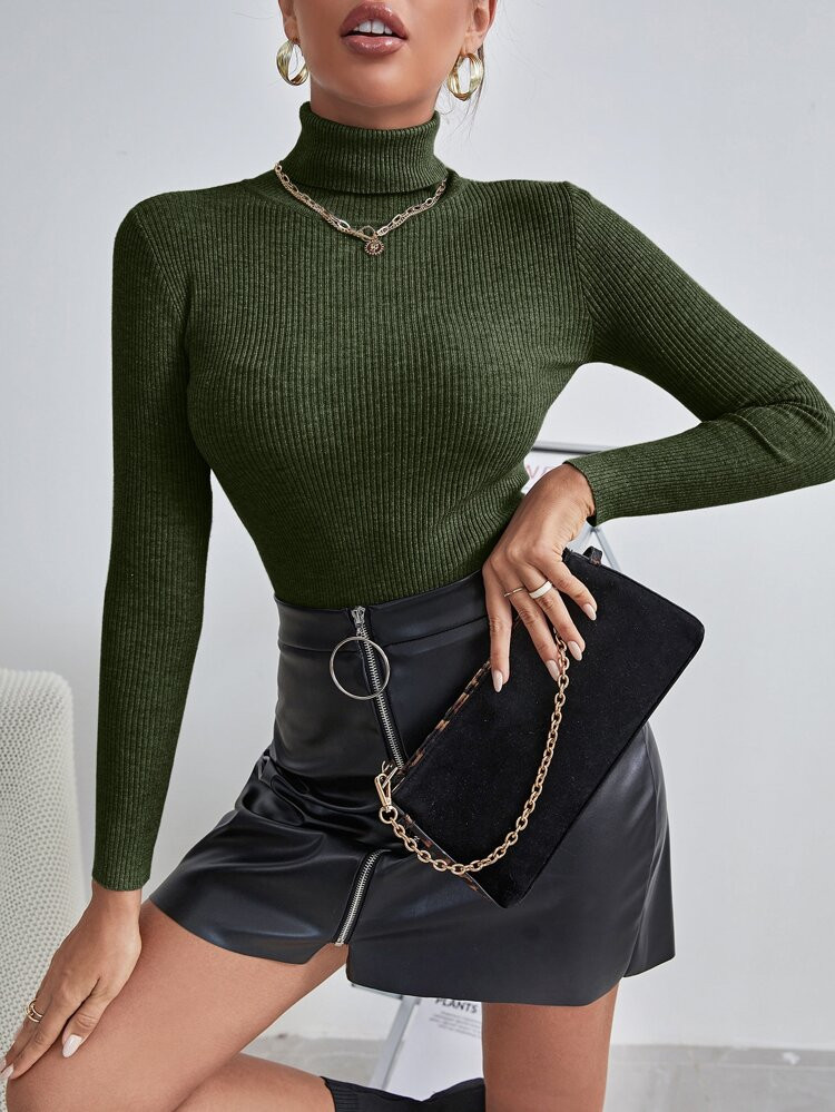 Solid High Neck Rib Knit Sweater | SHEIN