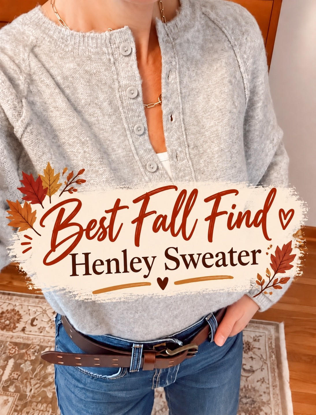 My Over 50 women's style - wearing a grey henley sweater layered over a henley tee with jeans.  Accessorized with a Gorjana gold chain necklace.  #over50style - Cozy fall outfit for women over 50 #over40style #falloutfits

#LTKootd #LTKOver40 #LTKSaleAlert