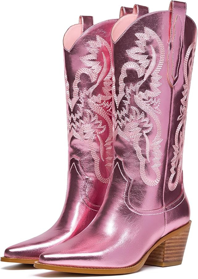Amazon.com | GOSERCE Pink Cowboy Boots for Women - Metallic Cowgirl Boots with Embroidery Sparkly... | Amazon (US)