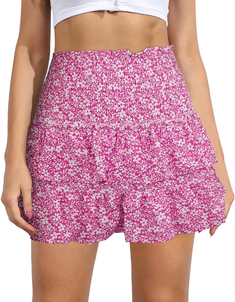 Women's Cute High Waist Ruffle Mini Skirt Layered Ruffle Hem Flared Flowy Casual Swing Beach Mini... | Amazon (US)