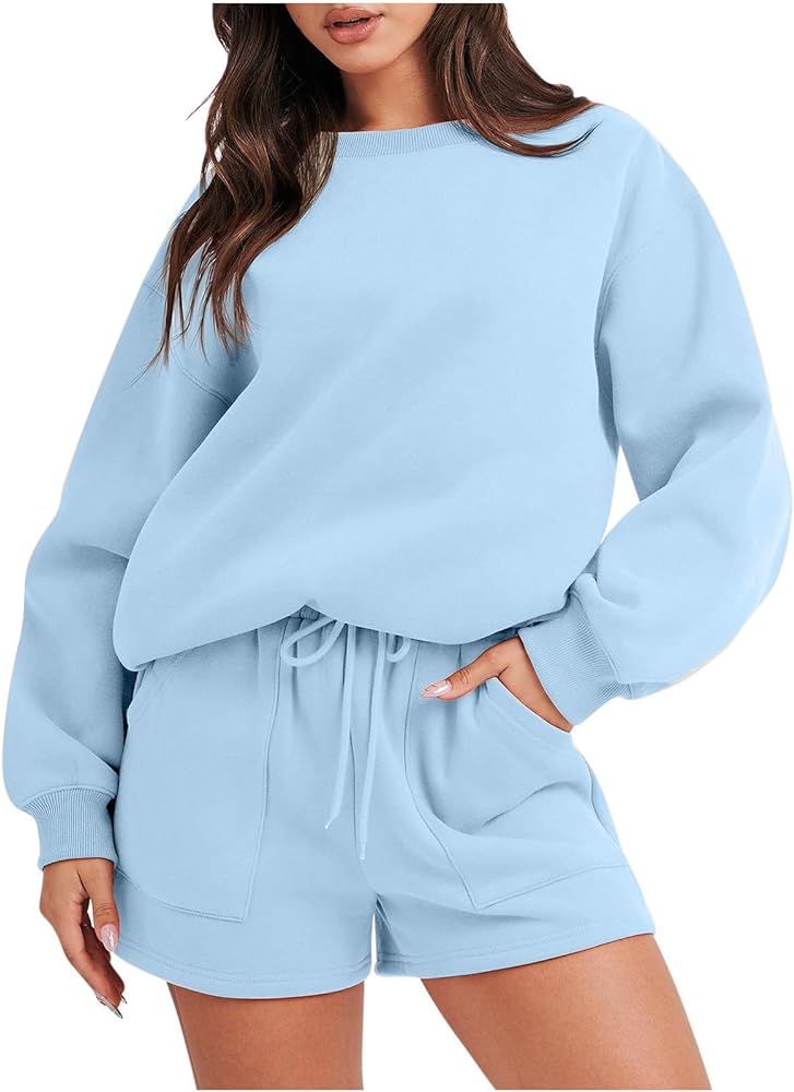 Sweatsuit For Women 2 Piece Outfits Set Oversized Long Sleeve Crewneck Sweatshirt And Lounge Shor... | Amazon (US)