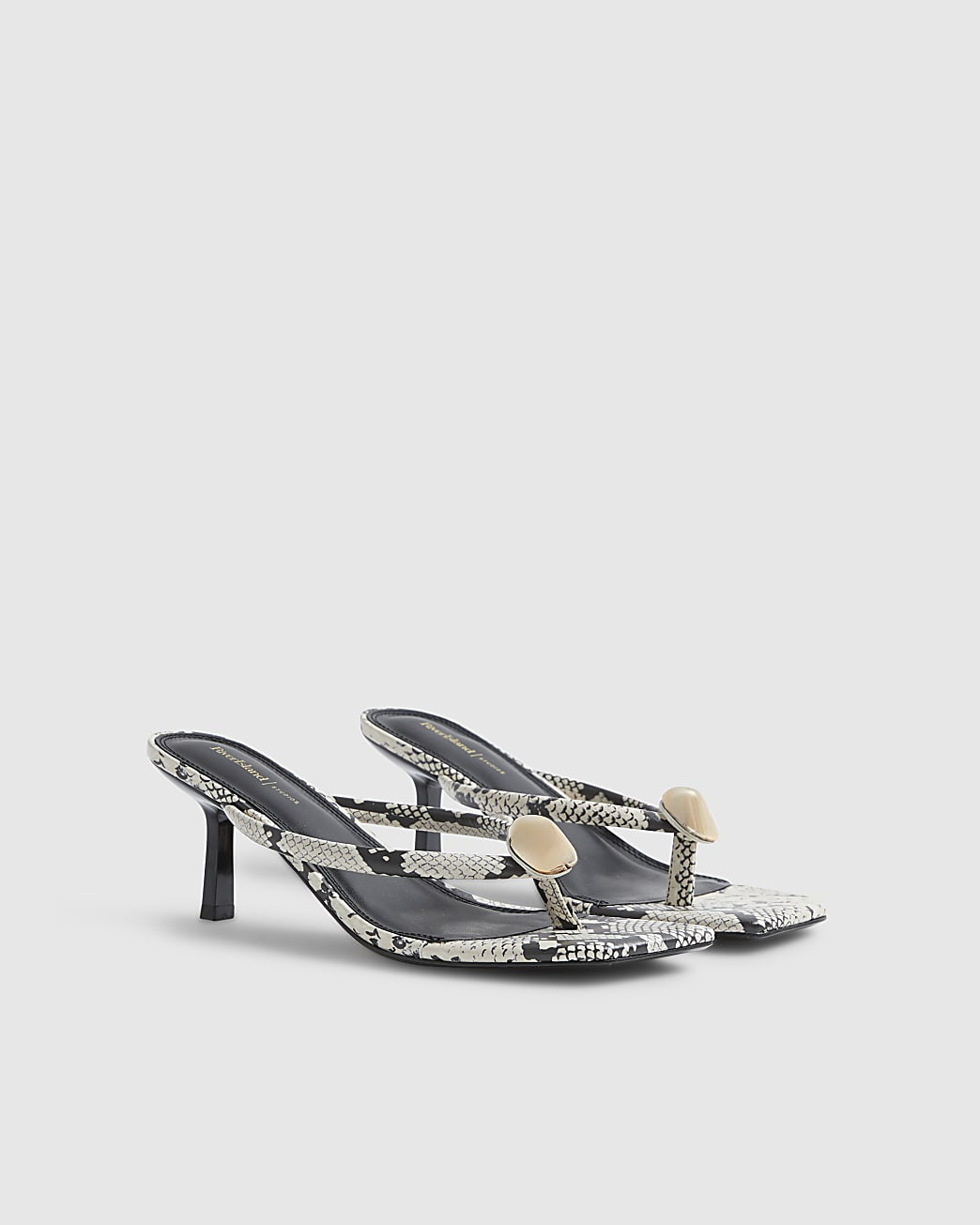 Beige Snake Print Toe Thong Heeled Sandals | River Island UK & IE