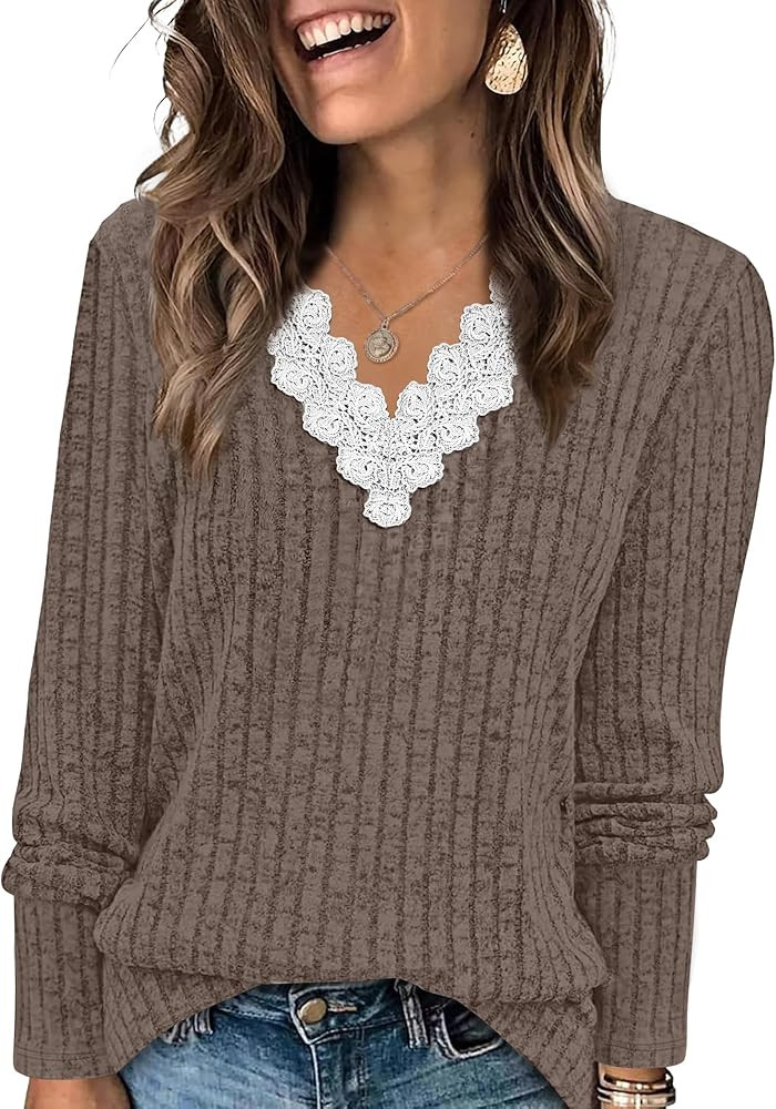 WIHOLL Womens Long Sleeve Tops V Neck Lace Trim Dressy Casual Fall Outfits Sweaters | Amazon (US)