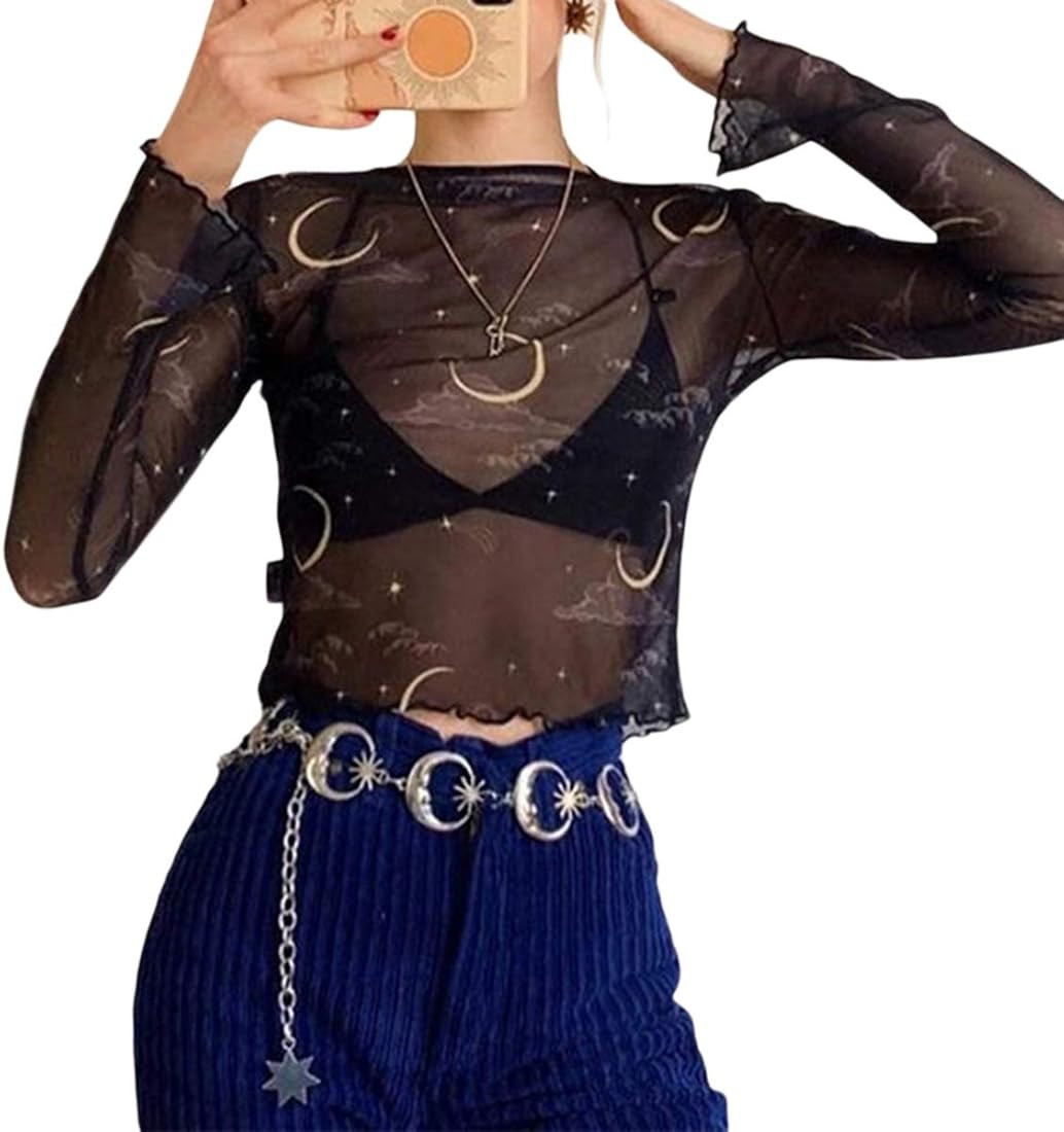 Sexy Women Mesh Sheer Pespective Crop Tops Clubwear Star Print Short Sleeve T Shirt Tee | Amazon (US)