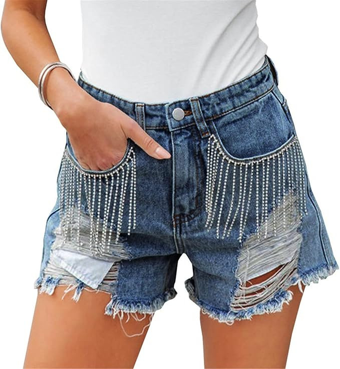 Women Mid Rise Ripped Stretchy Jeans Frayed Raw Hem Casual Tassels Denim Shorts | Amazon (US)