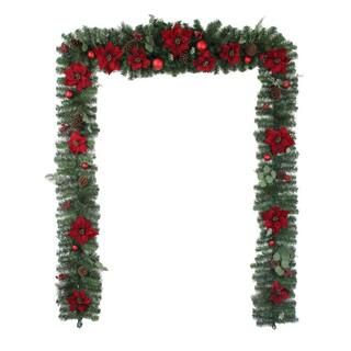 17 ft. Berry Bliss Mixed Pine Artificial Christmas Garland with Poinsettia | The Home Depot