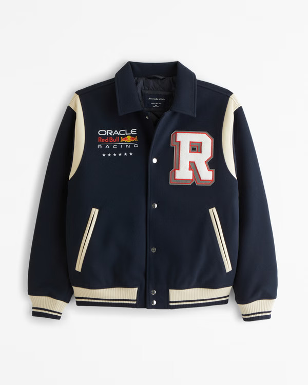 Men's Oracle Red Bull Racing Varsity Bomber Jacket | Men's Coats & Jackets | Abercrombie.com | Abercrombie & Fitch (US)