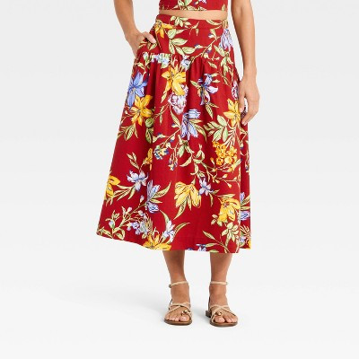 Women's Resort Poplin Drop Waist Midi Skirt - A New Day™ Dark Red Floral XL | Target