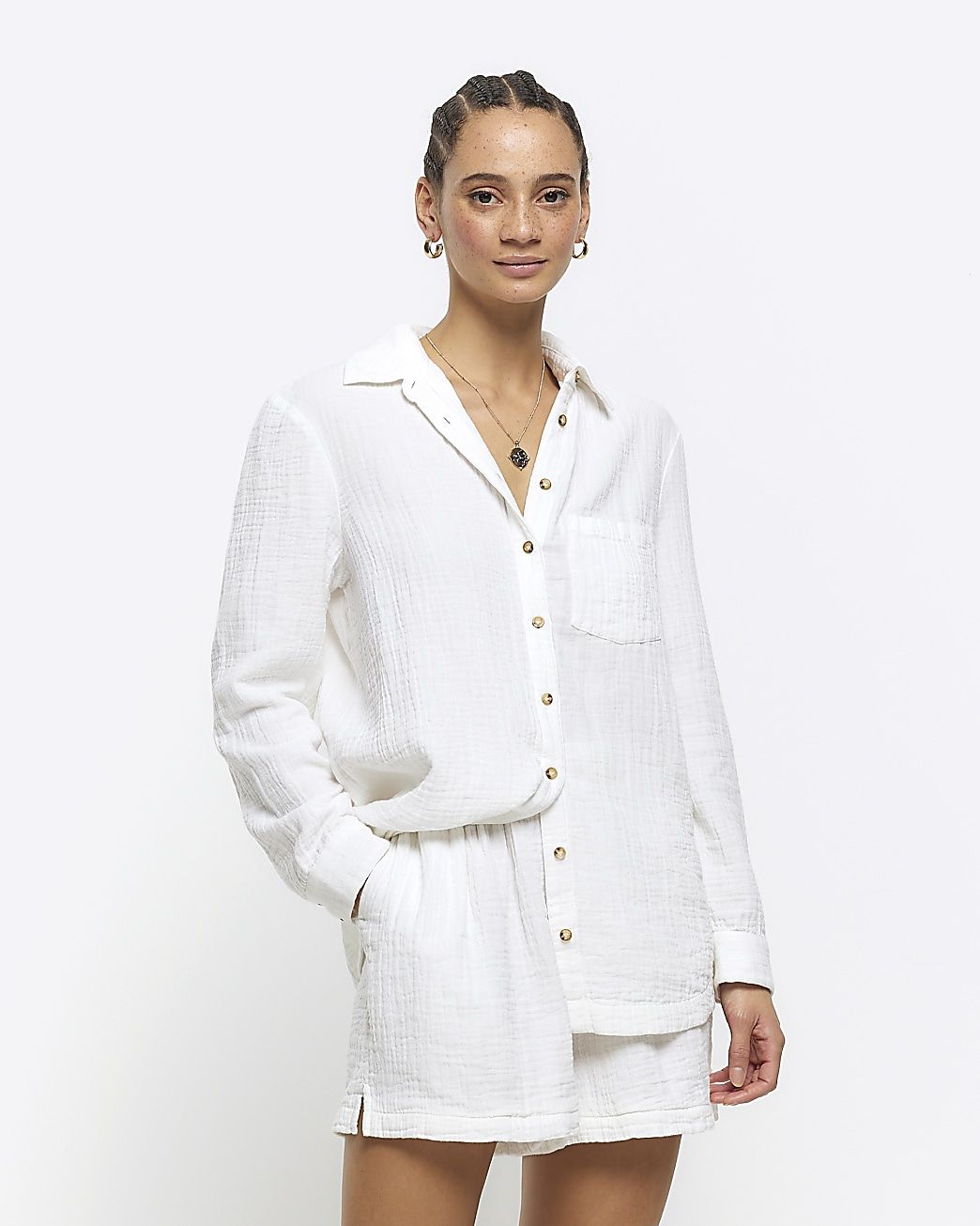 White textured long sleeve shirt | River Island (UK & IE)