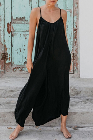 New Stylish Simple Plain Open Back Casual Loose Cami Black Jumpsuits | Beautifulhalo.com
