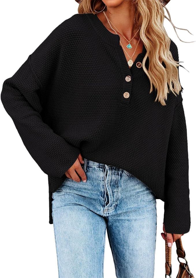 Saodimallsu Women's Oversized Sweaters Batwing Long Sleeve Loose V Neck Button Henley Tops Pullov... | Amazon (US)