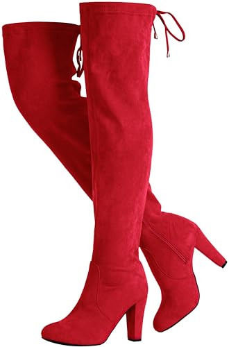 Vepose Women’s Thigh High Over The Knee Boots, Red Suede Fashion Long 3.5 Inch Heel Boots 994 - with Zipper, Size 8M US, (CJY994 red 08) | Amazon (US)