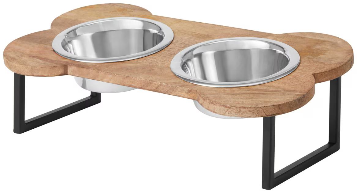 FRISCO Premium Wood Elevated Bone Shape Stainless Steel Double Diner Dog & Cat Bowl, 3 Cup - Chew... | Chewy.com
