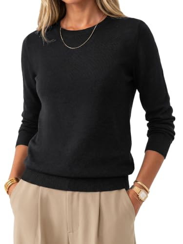 Arach&Cloz Women's 100% Merino Wool Crew Neck Work Cashmere Black Sweater | Amazon (US)