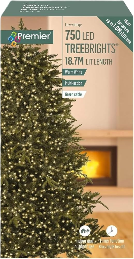 Premier 750 LED Warm White TreeBrights Christmas Tree Lights, 18.7m, Multi-Action, Green Cable | Amazon (UK)