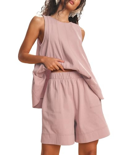 Womens 2 Piece Lounge Set Casual Summer Outfits Sleeveless Tank Top and Elastic Waist Shorts with... | Amazon (US)