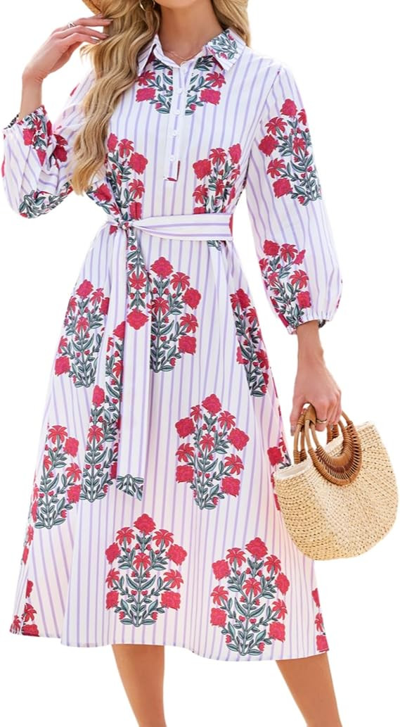 Womens Floral Midi Shirt Dress Summer Casual Button Down A-Line Dress 3/4 Puff Sleeve Belted Dres... | Amazon (US)