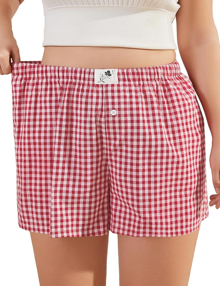COOTRY Plus Size Women Boxer Shorts Cotton Plaid Gingham Shorts Casual Pajama Sleep Shorts Y2K Be... | Amazon (US)