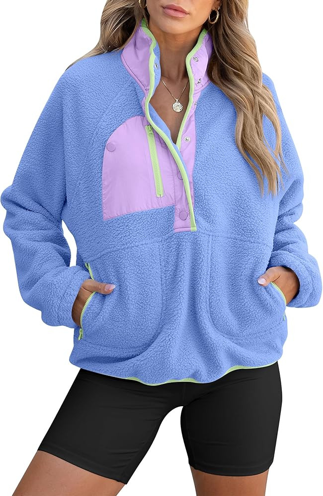 ANRABESS Women Fuzzy Fleece Pullover Sherpa Sweatshirt Long Sleeve Button Down Warm Soft Color Bl... | Amazon (US)