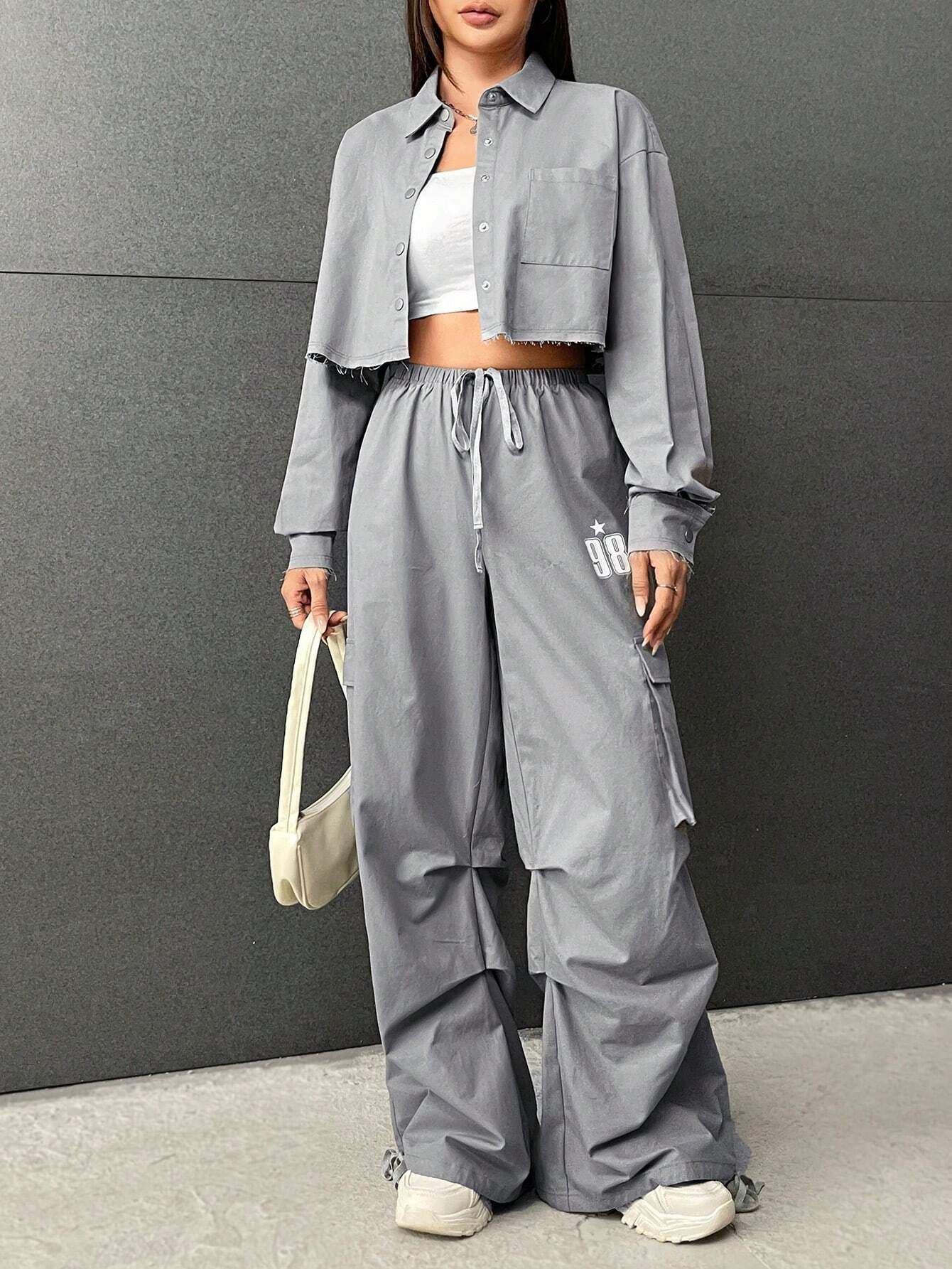 SHEIN Coolane Drop Shoulder Crop Shirt & Drawstring Waist Cargo Pants | SHEIN