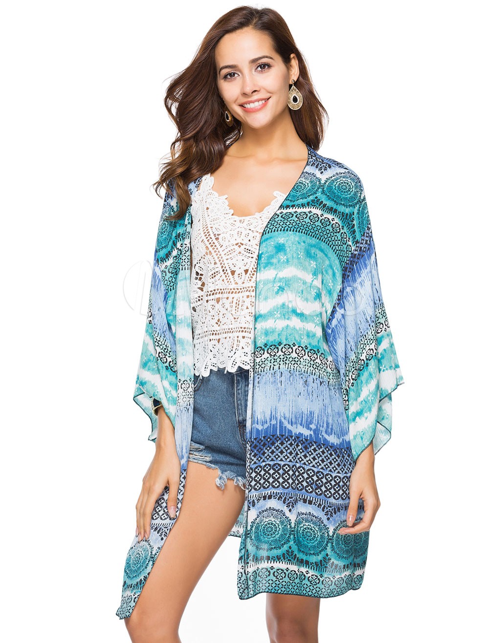 Kimono Cover Ups Boho Printed Long Sleeve Ocean Blue Women Beach Swimwear | Milanoo