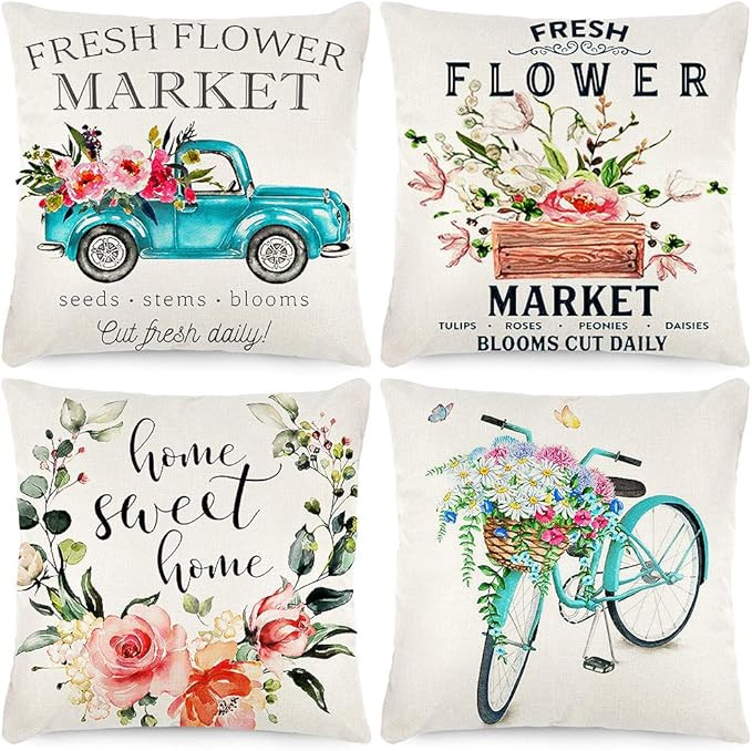 CDWERD Spring Pillow Covers 18x18 Inch Set of 4 Fresh Flower Market Spring Decorations Throw Farm... | Amazon (US)