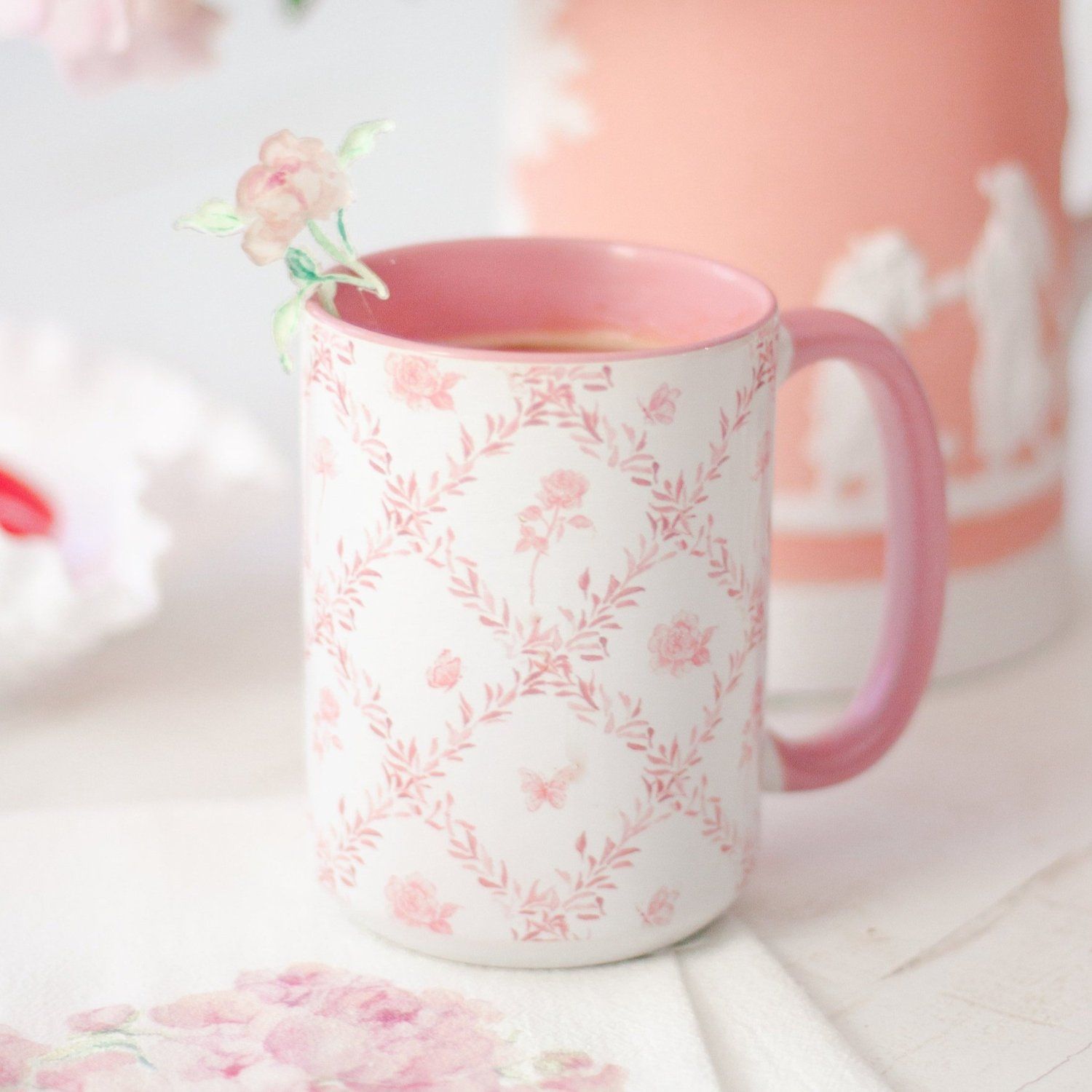 PRE-ORDER Pink Rosebud Trellis 15oz Tall Watercolor Mug — Simply Jessica Marie | Simply Jessica Marie