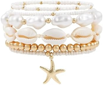Summer Surfer Heishi Bracelet Set for Women Stackable Gold Plated Clay Ploymer Bead Stretch Pink ... | Amazon (US)