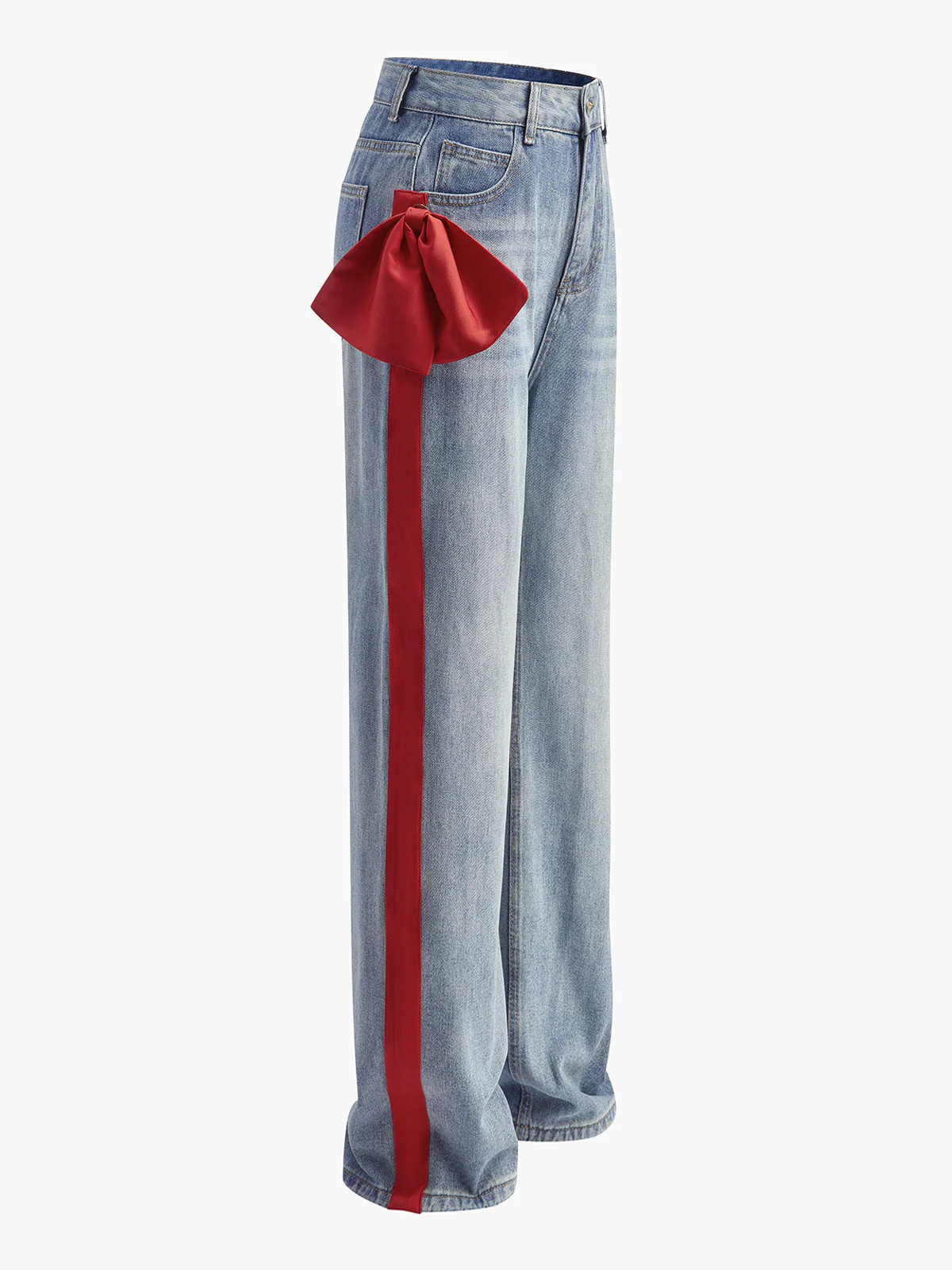 Mid-Waist Bow-Decor Denim Jeans | Commense