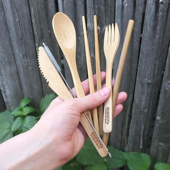 Bamboo Travel Utensil Set | Bamboo Fork, Knife, Spoon, Chopsticks, Straw, Straw-cleaning brush, T... | Amazon (US)